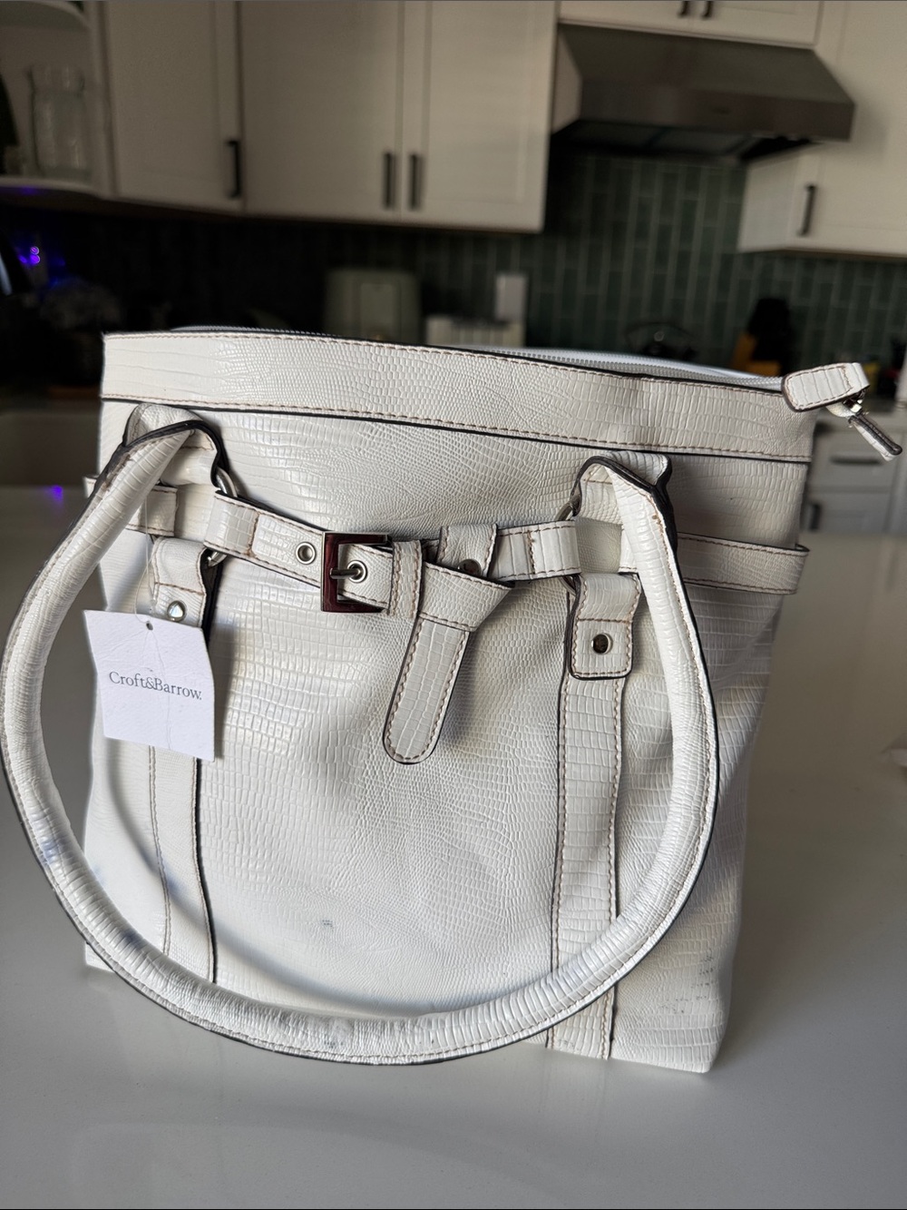 Croft & Barrow White Textured Tote with Belt Accent